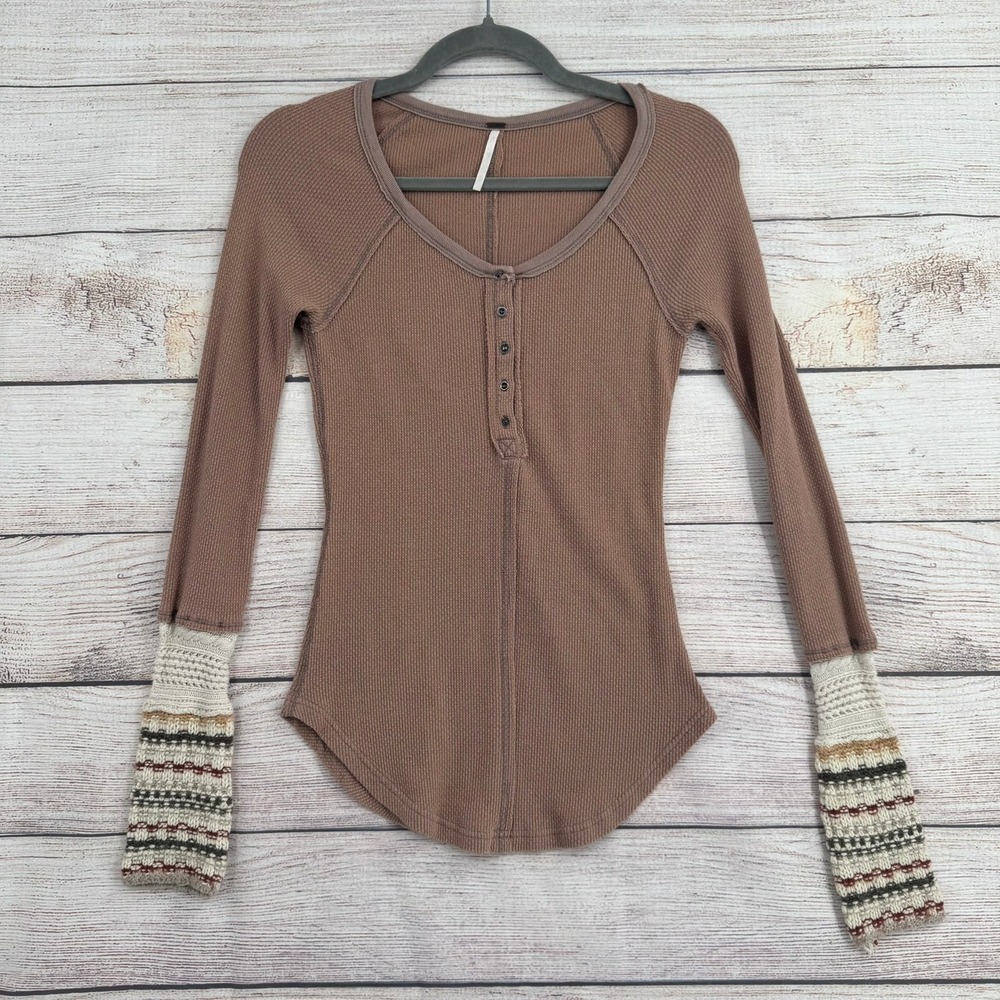 Free People Henley Thermal Women XS Mauve Brown Crochet Fair Isle Cuff OB403062